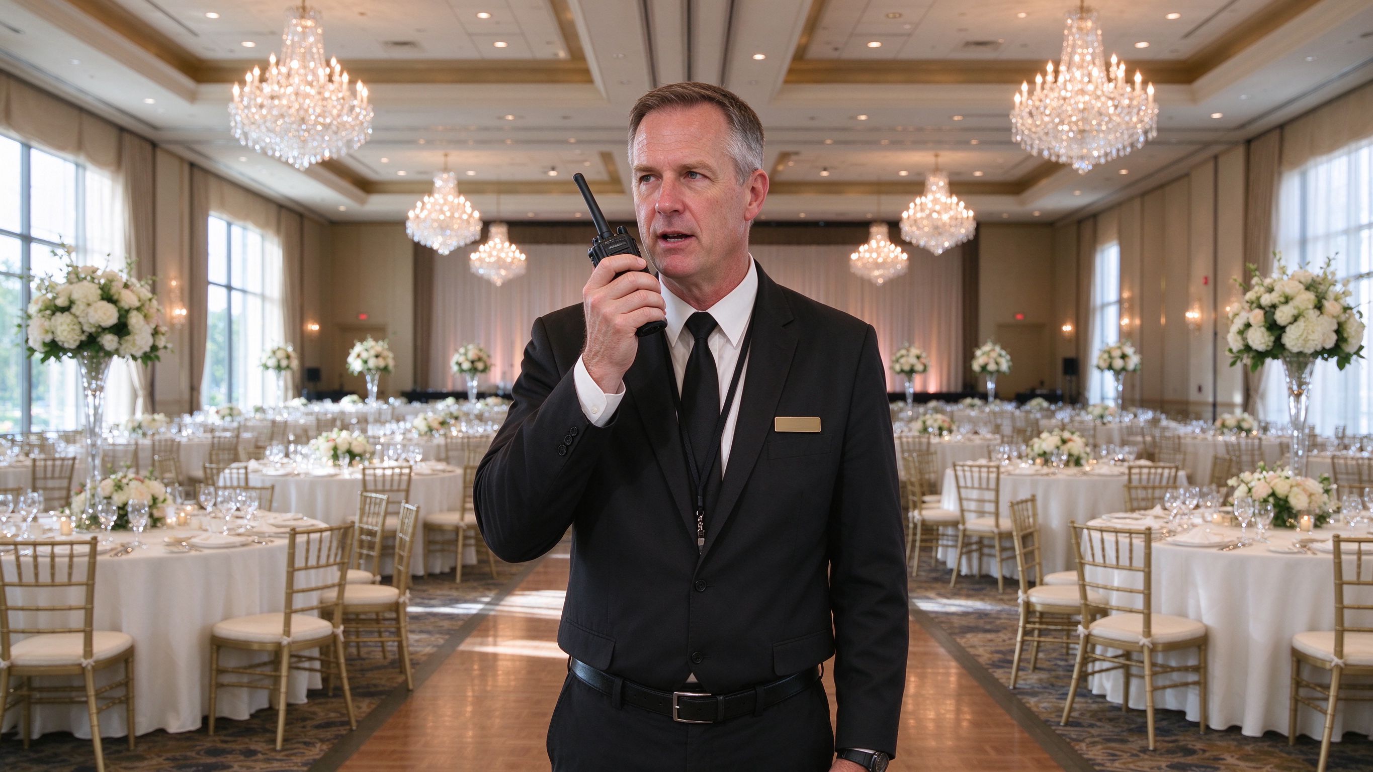 Professional walkie-talkie used for hotel staff communication.