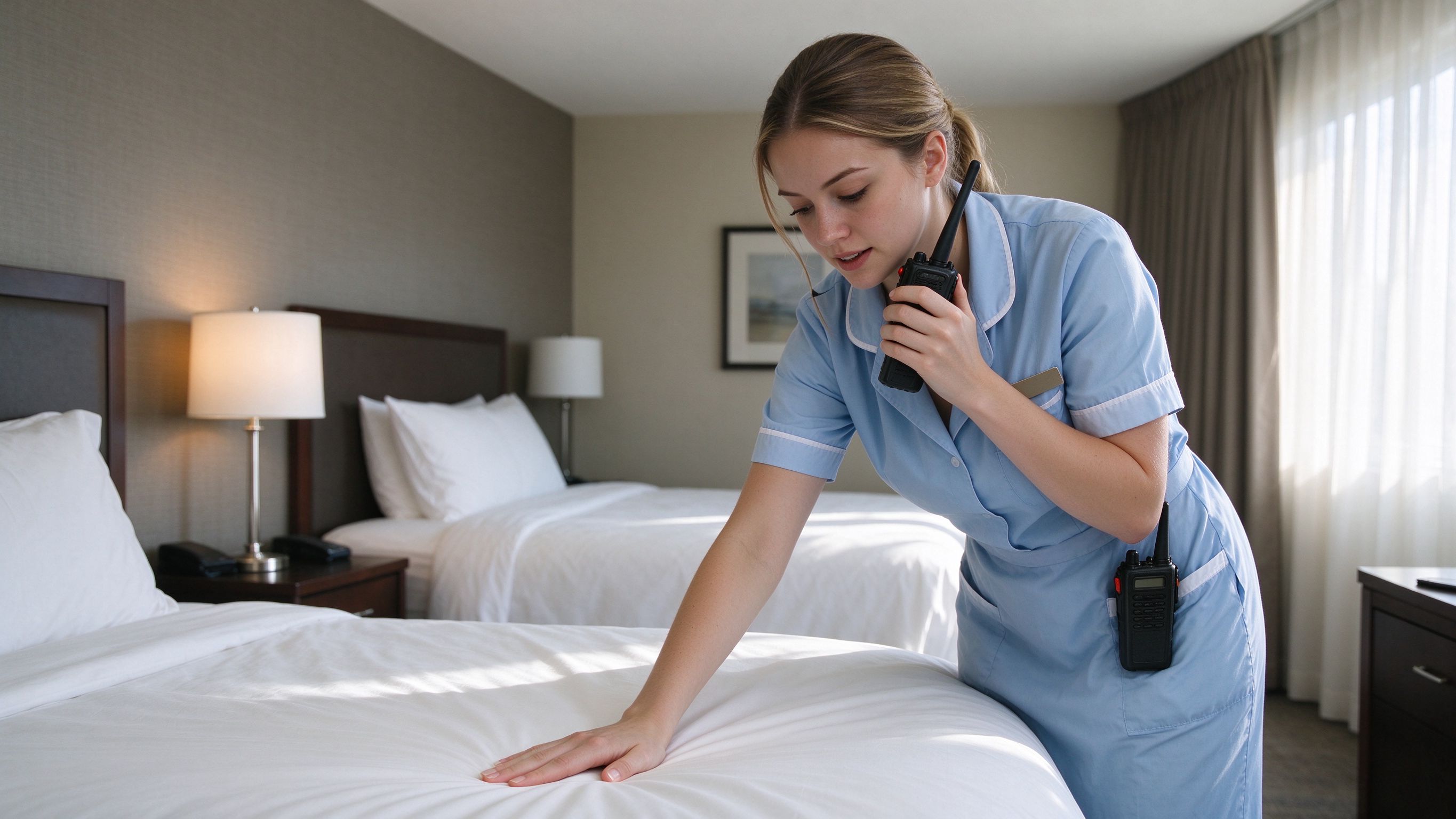 Professional hotel walkie talkie designed for clear communication among hospitality staff.